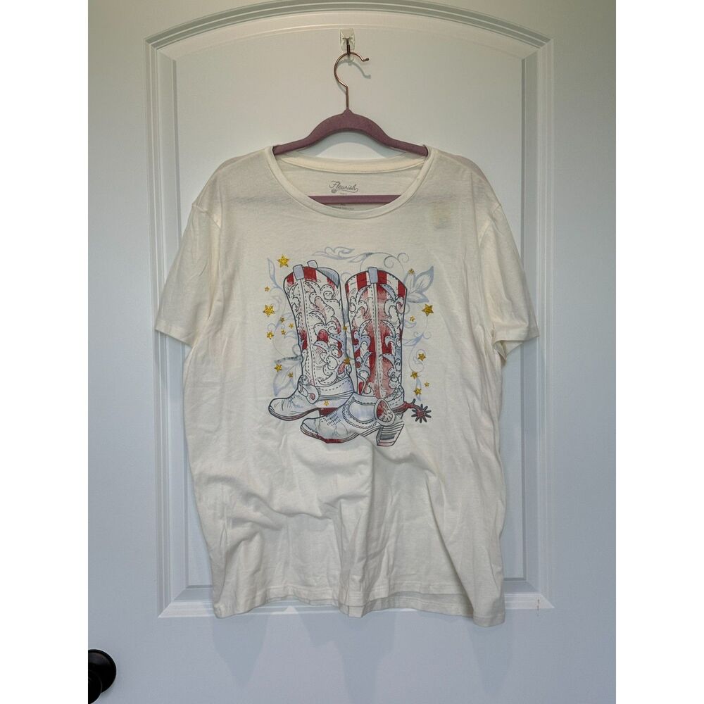 NWOT Fleurish Cream Western Cowboy Boot T-Shirt Size XL